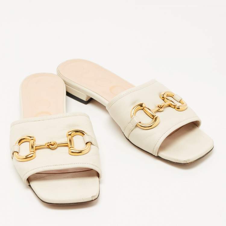 Pre Owned Gucci White Leather Horsebit Flat Slides Size 37