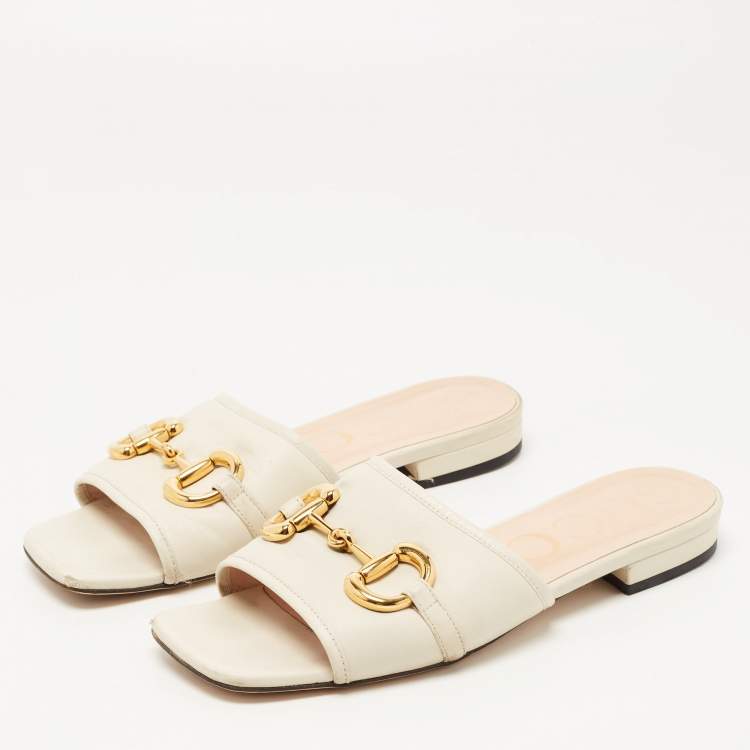 Pre Owned Gucci White Leather Horsebit Flat Slides Size 37