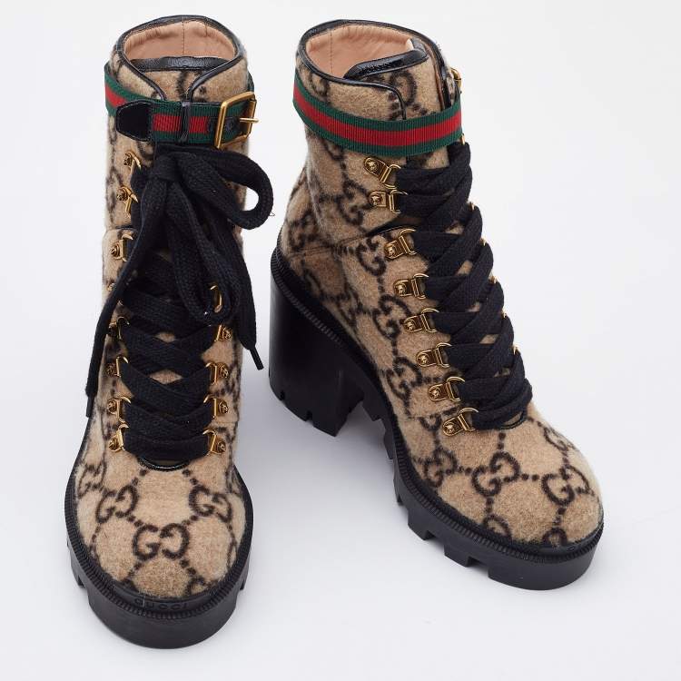 Pre Owned Gucci Beige GG Wool Ankle Length Boots Size 38