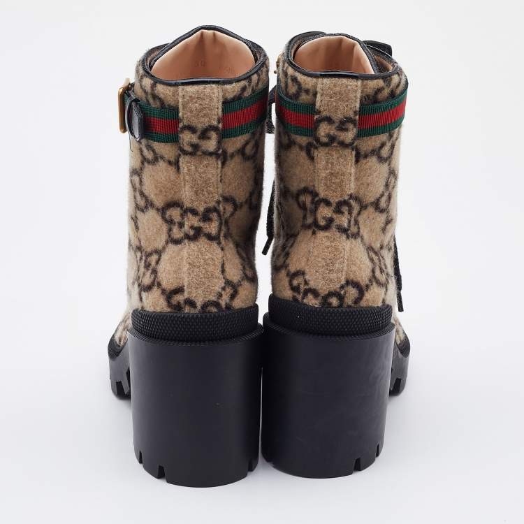 Pre Owned Gucci Beige GG Wool Ankle Length Boots Size 38