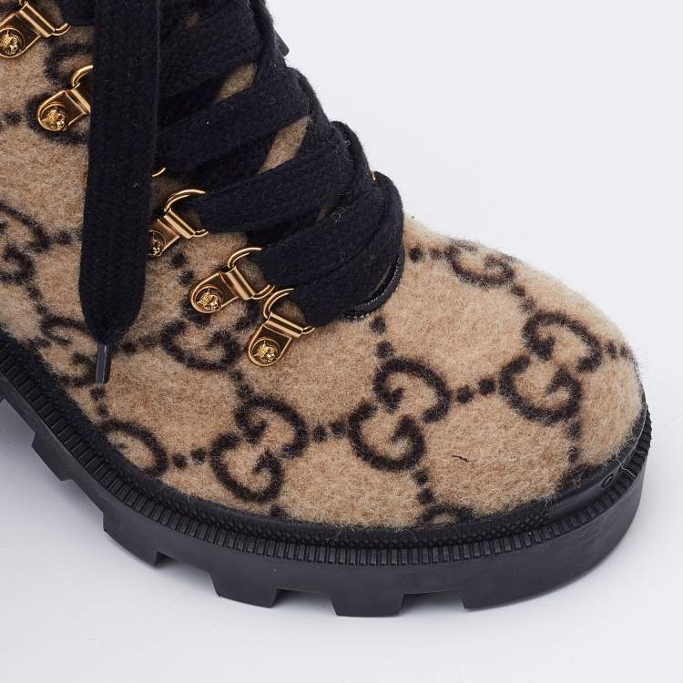 Pre Owned Gucci Beige GG Wool Ankle Length Boots Size 38