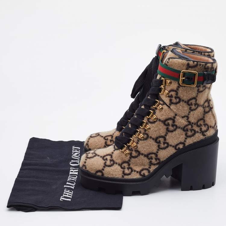Pre Owned Gucci Beige GG Wool Ankle Length Boots Size 38