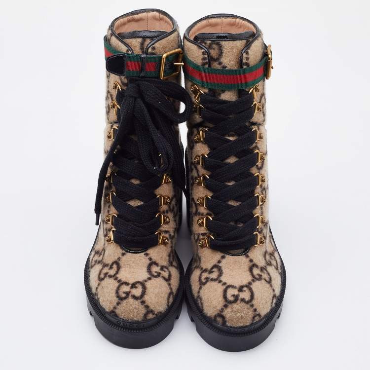 Pre Owned Gucci Beige GG Wool Ankle Length Boots Size 38