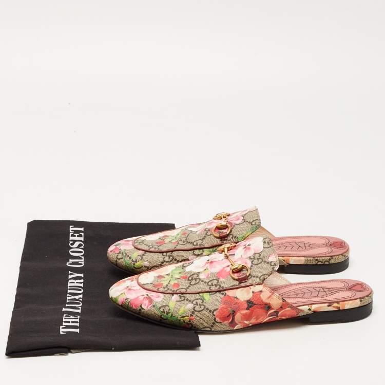 Pre Owned Gucci Beige/Brown GG Supreme Bloom Canvas Princetown Flat Mules Size 38