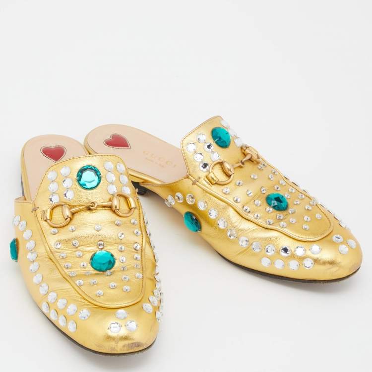 Pre Owned Gucci Gold Crystal Embellished Leather Princetown Flat Mules Size 37.5