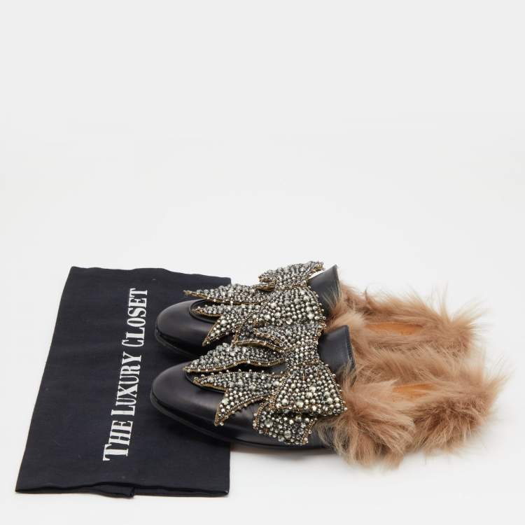 Pre Owned Gucci Black Crystal Embellished Leather and Fur Princetown Horsebit Flat Mules Size 38