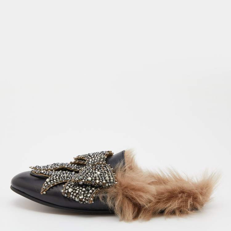 Gucci Black Crystal Embellished Leather and Fur Princetown Horsebit Flat  Mules Size 38 Gucci | The Luxury Closet