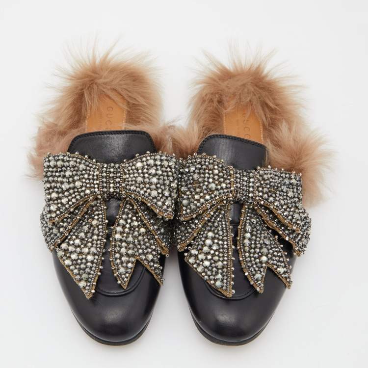 Pre Owned Gucci Black Crystal Embellished Leather and Fur Princetown Horsebit Flat Mules Size 38