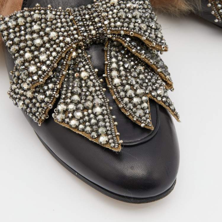Pre Owned Gucci Black Crystal Embellished Leather and Fur Princetown Horsebit Flat Mules Size 38