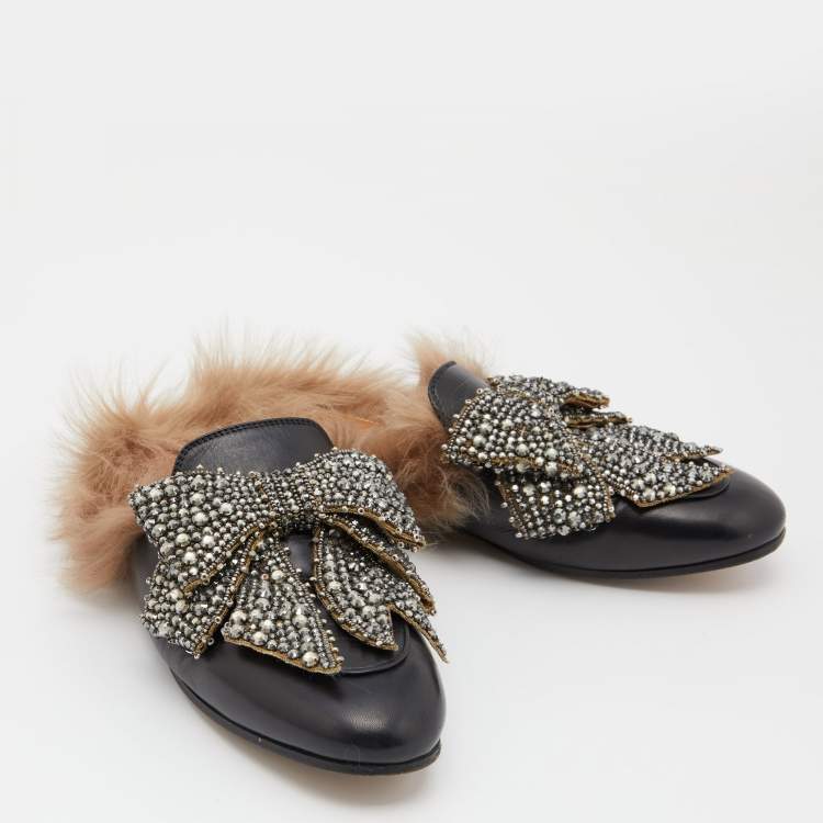 Pre Owned Gucci Black Crystal Embellished Leather and Fur Princetown Horsebit Flat Mules Size 38