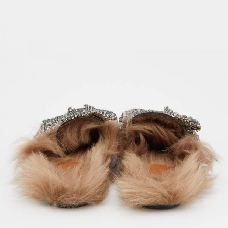 Pre Owned Gucci Black Crystal Embellished Leather and Fur Princetown Horsebit Flat Mules Size 38