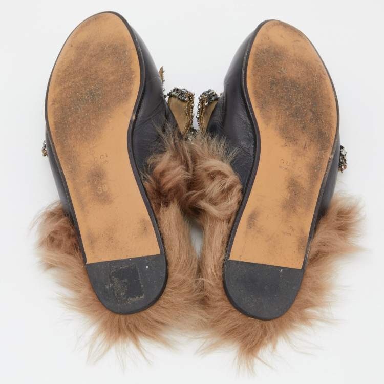 Pre Owned Gucci Black Crystal Embellished Leather and Fur Princetown Horsebit Flat Mules Size 38