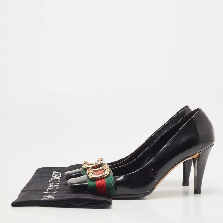 Pre Owned Gucci Black Patent Leather and Canvas Web Bamboo Buckle Pumps Size 36