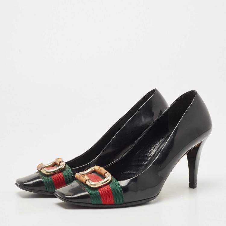 Pre Owned Gucci Black Patent Leather and Canvas Web Bamboo Buckle Pumps Size 36