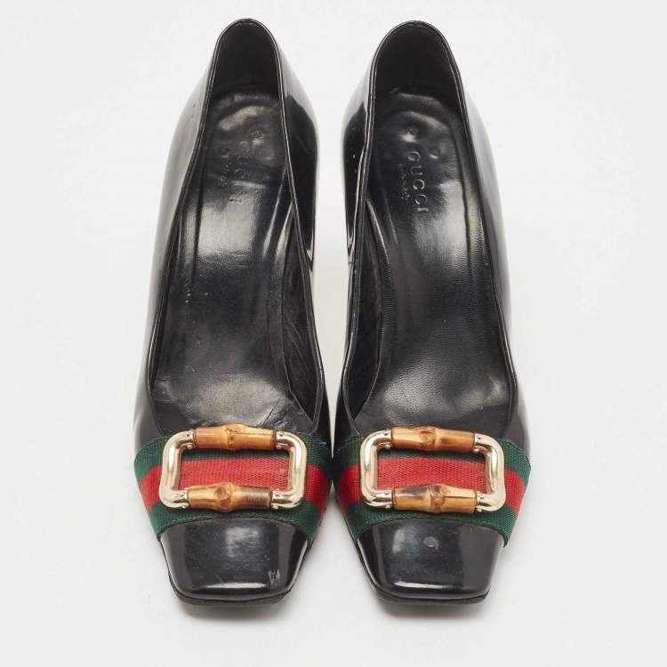 Pre Owned Gucci Black Patent Leather and Canvas Web Bamboo Buckle Pumps Size 36
