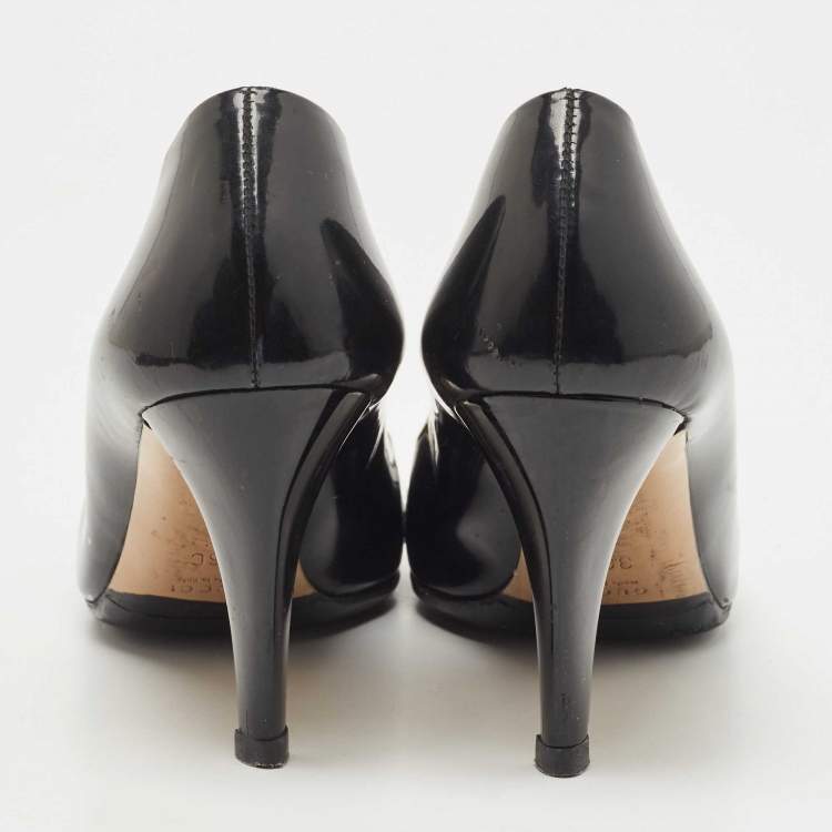 Pre Owned Gucci Black Patent Leather and Canvas Web Bamboo Buckle Pumps Size 36