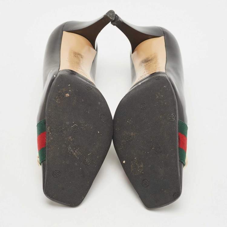Pre Owned Gucci Black Patent Leather and Canvas Web Bamboo Buckle Pumps Size 36