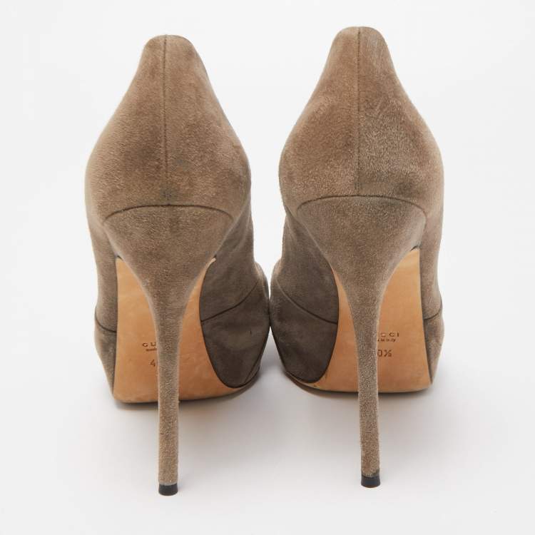 Pre Owned Gucci Grey Suede Double Bow Peep Toe Pumps Size 40.5