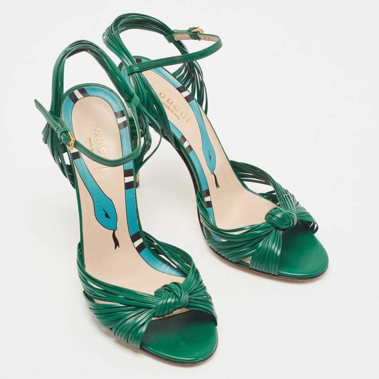Pre Owned Gucci Green Leather Allie Knot Ankle Strap Sandals Size 36.5