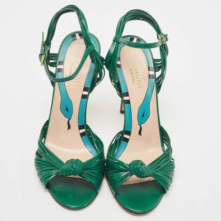 Pre Owned Gucci Green Leather Allie Knot Ankle Strap Sandals Size 36.5