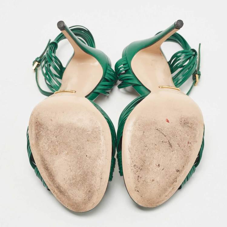 Pre Owned Gucci Green Leather Allie Knot Ankle Strap Sandals Size 36.5