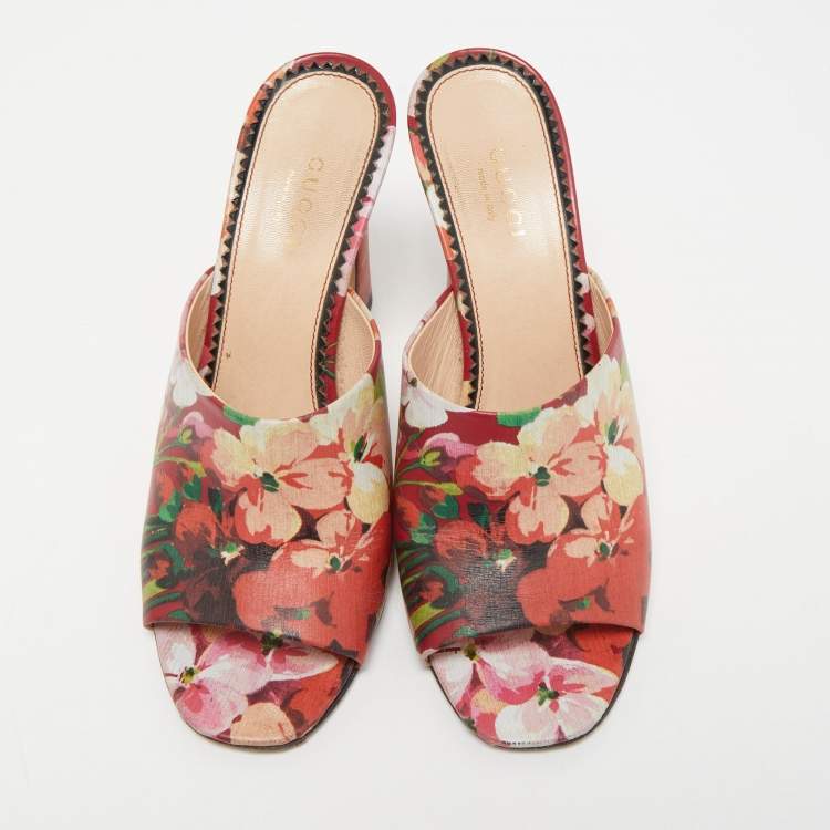 Pre Owned Gucci Multicolor Blooms Print Leather Mules Size 35.5