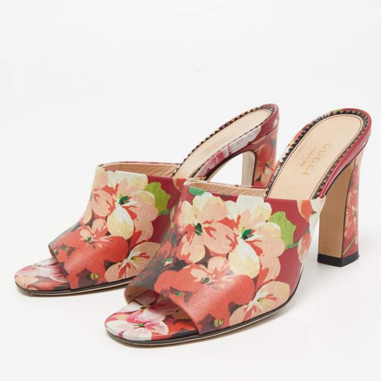 Pre Owned Gucci Multicolor Blooms Print Leather Mules Size 35.5