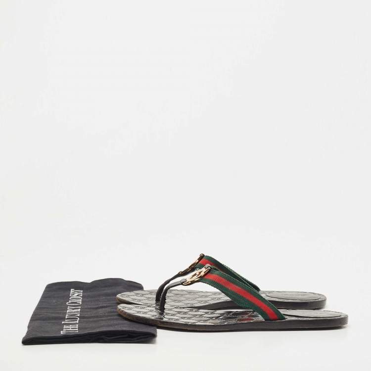 Pre Owned Gucci Tricolor Leather and Canvas Web Interlocking G Thong Flats Size 39.5