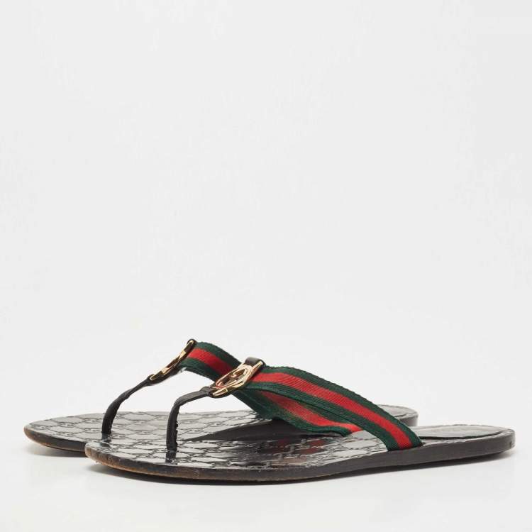 Pre Owned Gucci Tricolor Leather and Canvas Web Interlocking G Thong Flats Size 39.5
