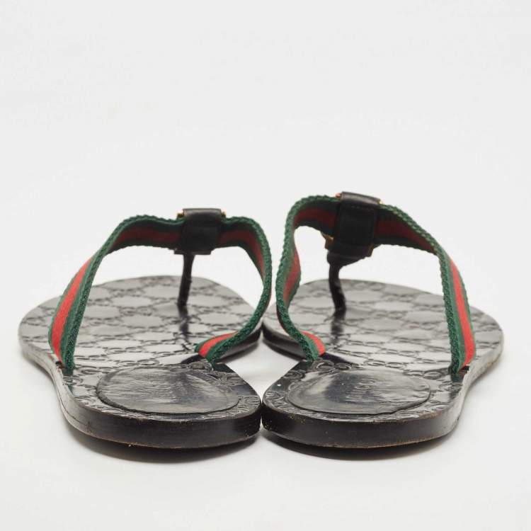 Pre Owned Gucci Tricolor Leather and Canvas Web Interlocking G Thong Flats Size 39.5