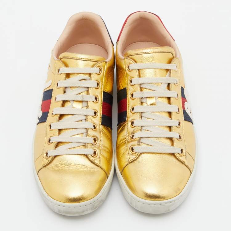 Pre Owned Gucci Gold Leather Embroidered Blind For Love Ace Sneakers Size 37