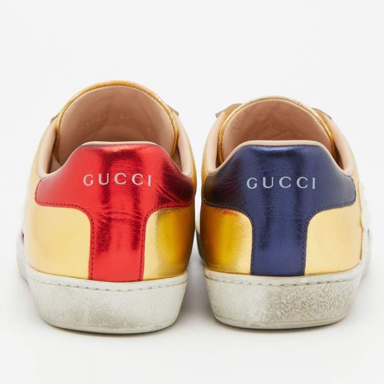 Pre Owned Gucci Gold Leather Embroidered Blind For Love Ace Sneakers Size 37