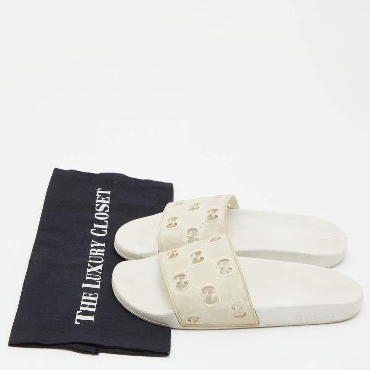 Pre Owned Gucci White GG Laser Cut Rubber Slides Size 38