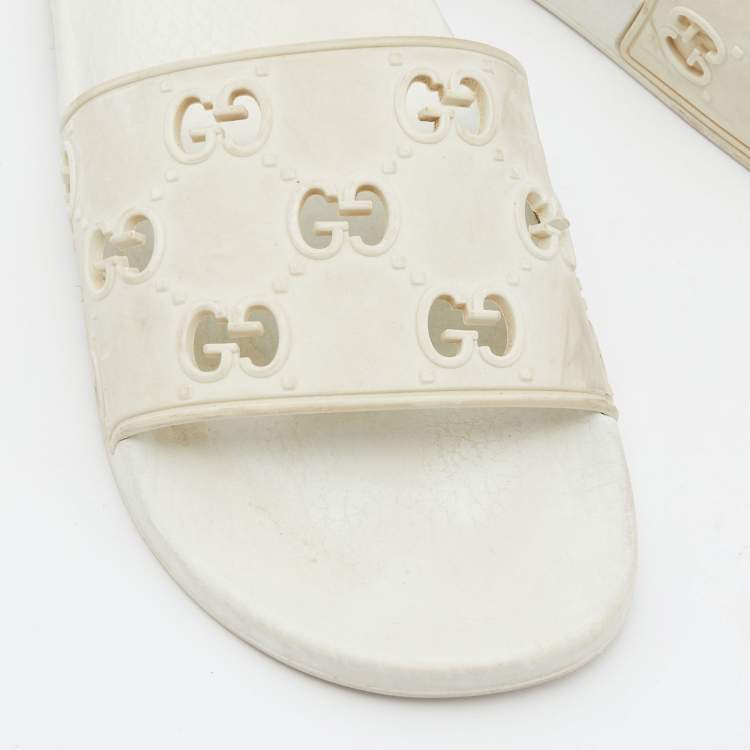 Pre Owned Gucci White GG Laser Cut Rubber Slides Size 38