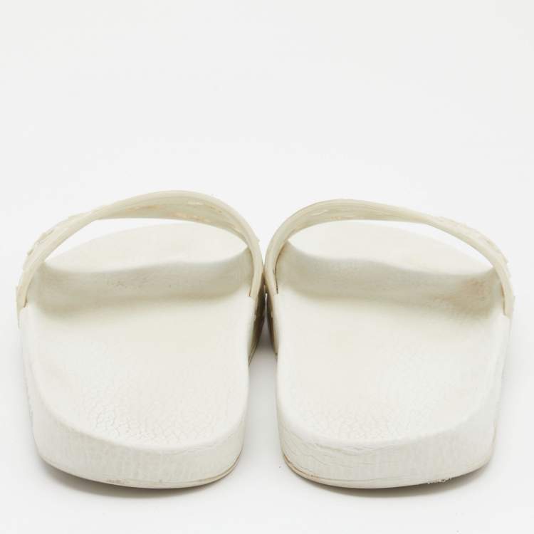 Pre Owned Gucci White GG Laser Cut Rubber Slides Size 38