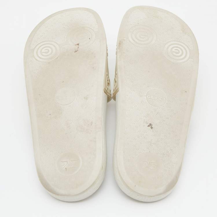 Pre Owned Gucci White GG Laser Cut Rubber Slides Size 38