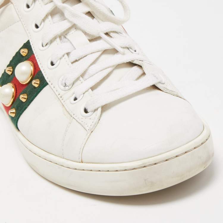 Pre Owned Gucci White Leather Faux Pearl and Spikes Embellished Ace Sneakers Size 37