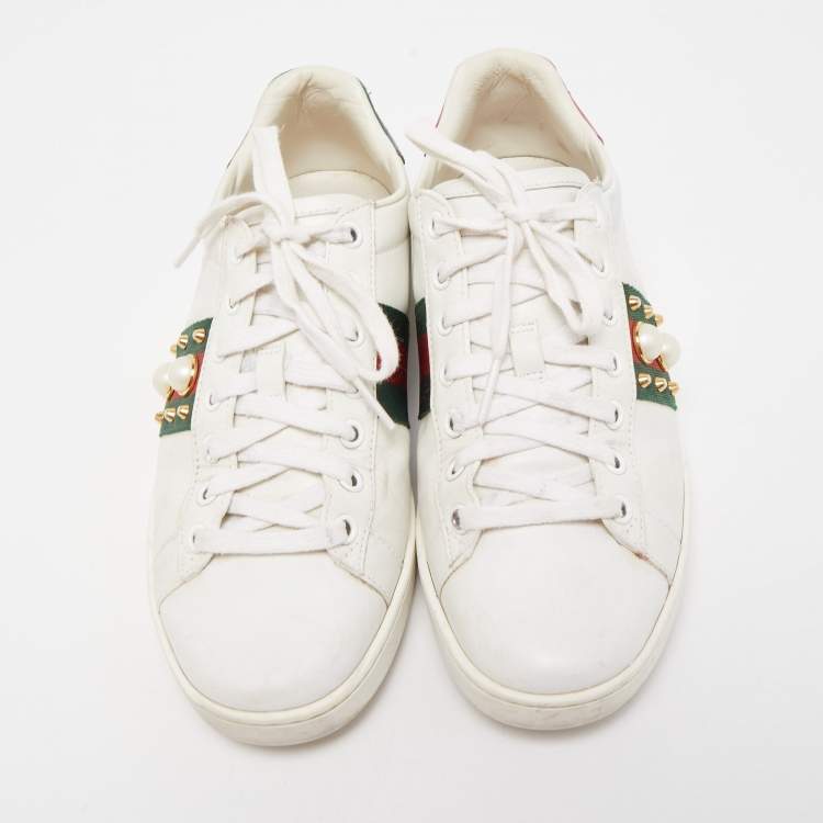 Pre Owned Gucci White Leather Faux Pearl and Spikes Embellished Ace Sneakers Size 37