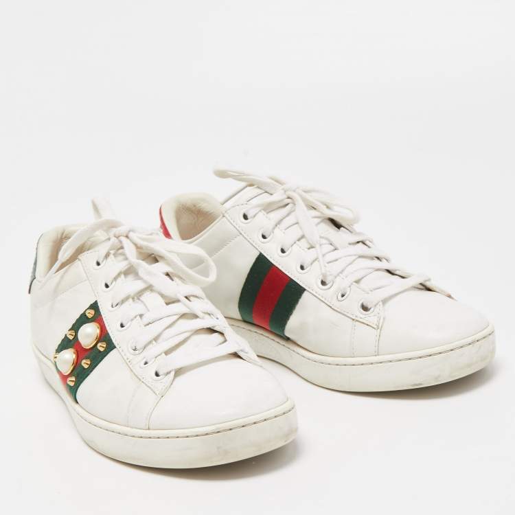 Pre Owned Gucci White Leather Faux Pearl and Spikes Embellished Ace Sneakers Size 37