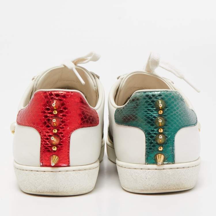 Pre Owned Gucci White Leather Faux Pearl and Spikes Embellished Ace Sneakers Size 37