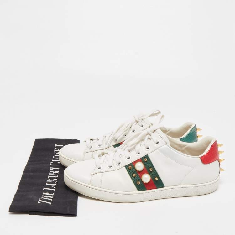 Pre Owned Gucci White Leather Faux Pearl and Spikes Embellished Ace Sneakers Size 37