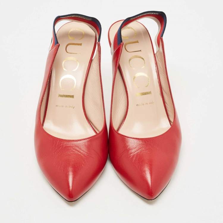 مملوكة مسبقًا Gucci Red Leather Sylvie Web Slingback Pumps Size 38.5