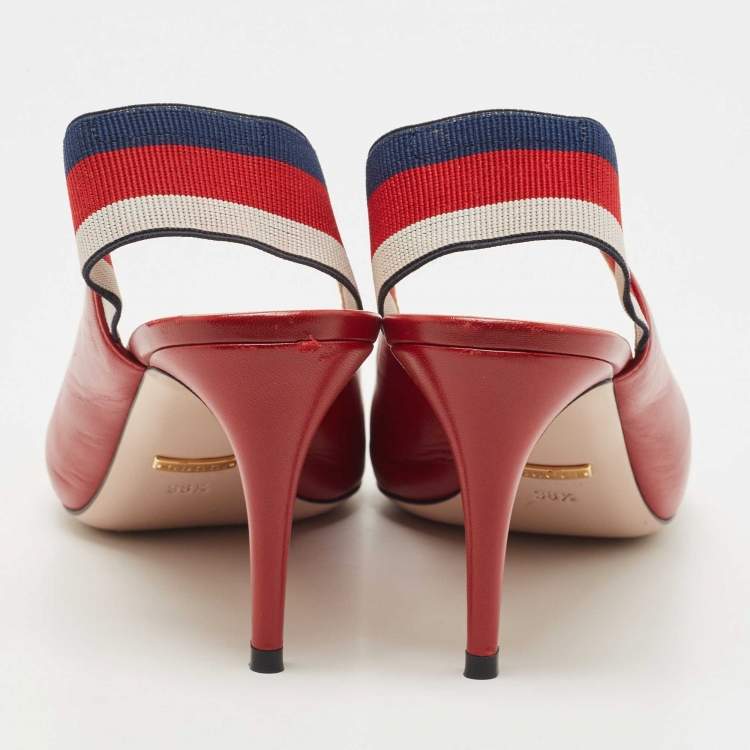 مملوكة مسبقًا Gucci Red Leather Sylvie Web Slingback Pumps Size 38.5