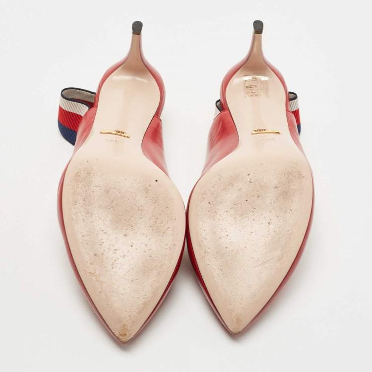 مملوكة مسبقًا Gucci Red Leather Sylvie Web Slingback Pumps Size 38.5