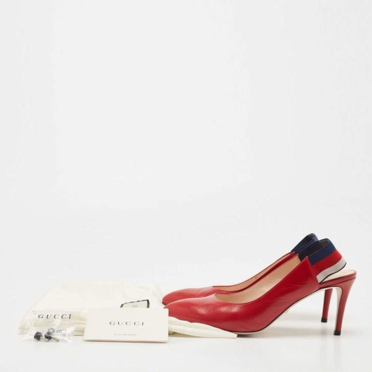 مملوكة مسبقًا Gucci Red Leather Sylvie Web Slingback Pumps Size 38.5