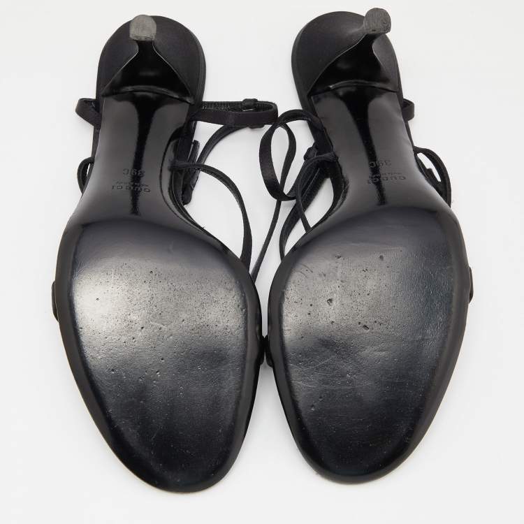 Pre Owned Gucci Black Satin Crystal Embellished Interlocking G Ankle Strap Sandals Size 39
