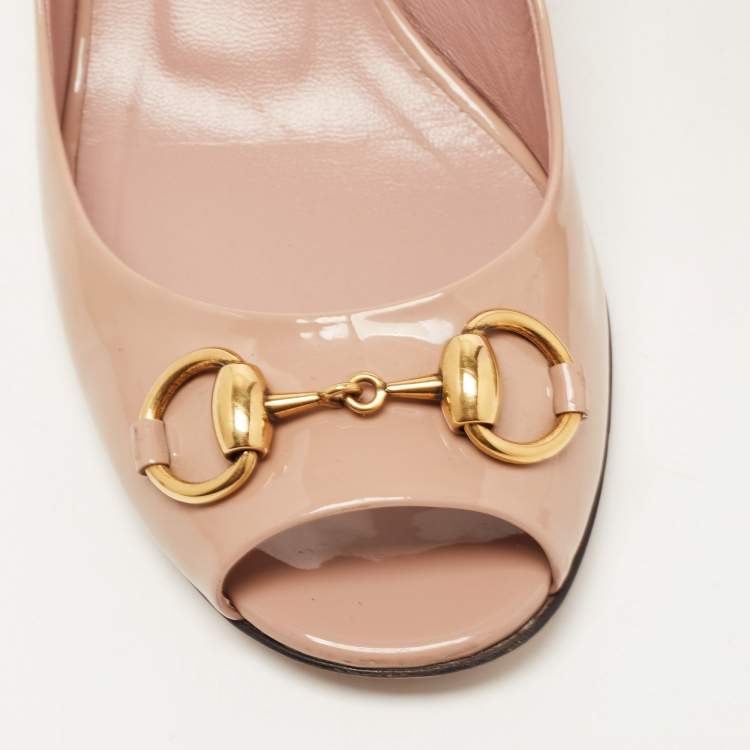 Pre Owned Gucci Beige Patent Leather Jolene Horsebit Peep Toe Pumps Size 38