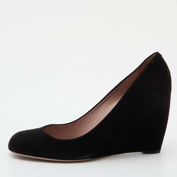 Pre Owned Gucci Black Suede Wedge Round Toe Pumps Size 40