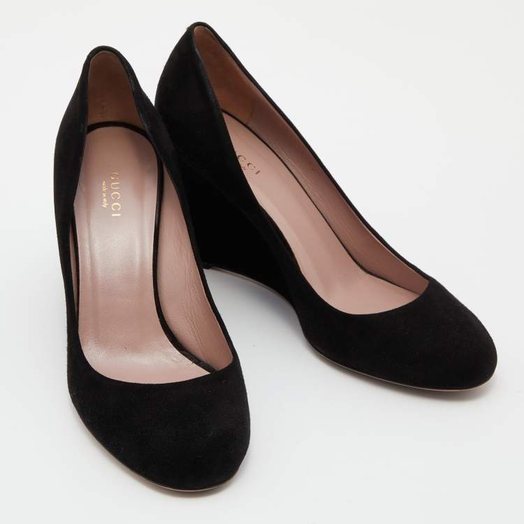 Pre Owned Gucci Black Suede Wedge Round Toe Pumps Size 40