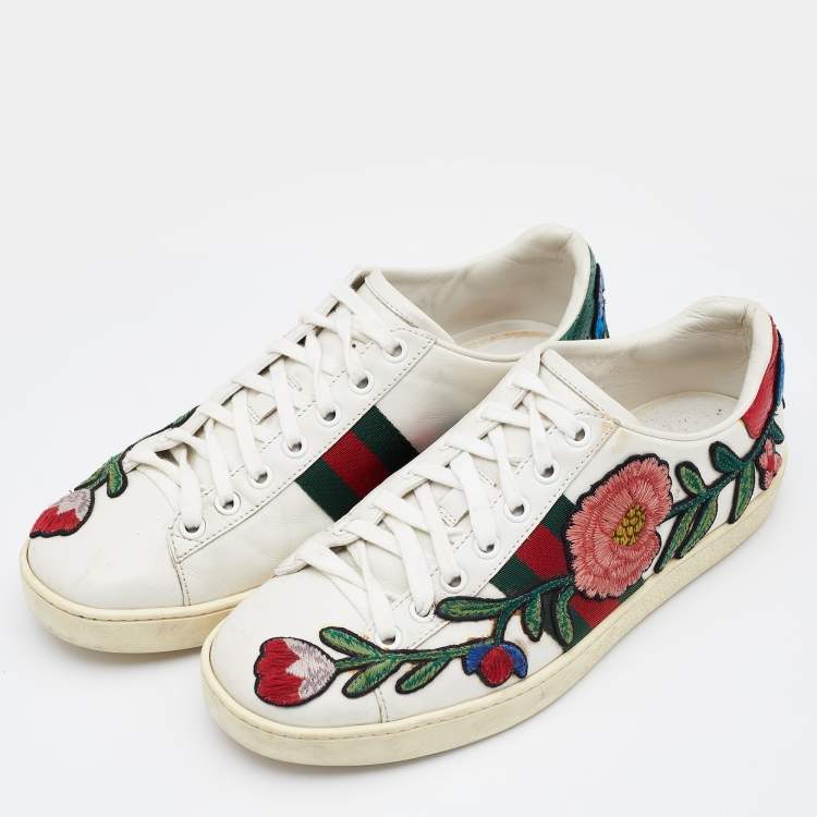 Gucci White Floral Embroidered Leather Ace Low Top Size 36.5 Gucci | TLC